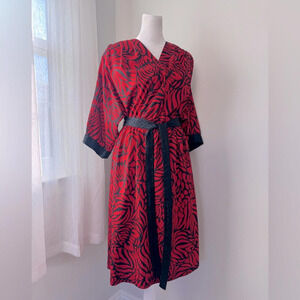 Vintage ‘80s Red & Black Leaf Print 3/4 Sleeve V-Neck Belted Midi Dress
